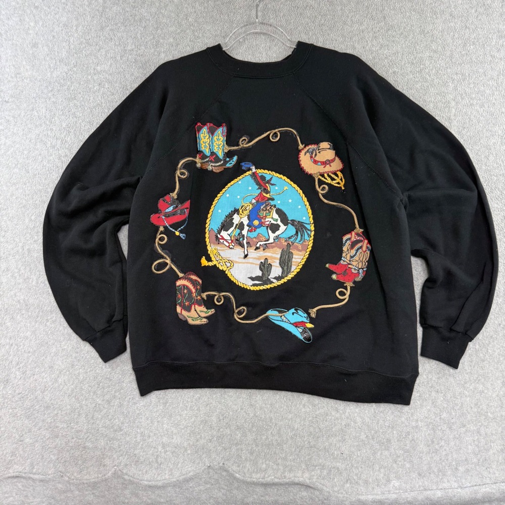 Hanes Sweatshirt Mens XL Black Vintage 90s Western Cowboy Embroidered Raglan